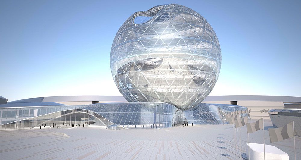 Rendering vom Glaskugel des Pavilions für EXPO 2017 in Astana